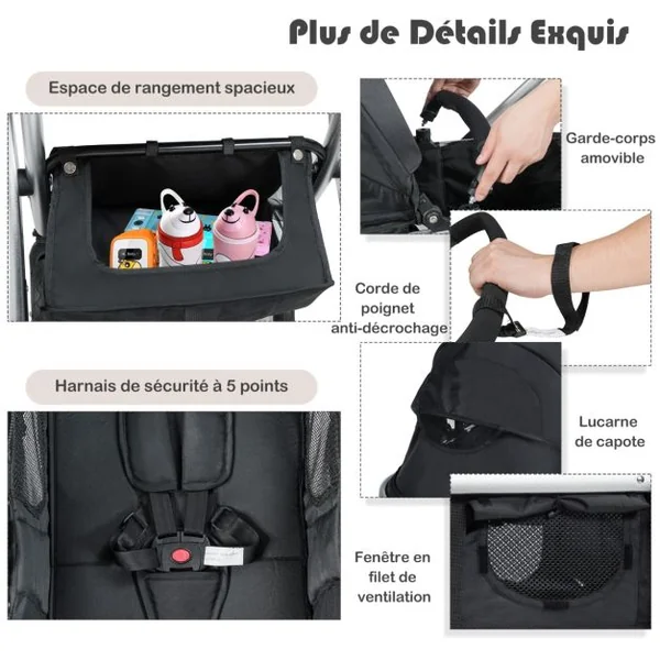 Poussette Haute pour Bébé 2 en 1 Inclinable Réversible Auvent Réglable Couvre-pieds Housse de Pluie Filet Fonctionnel Cadre en Alliage D'aluminium Gris