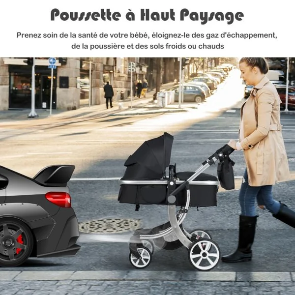 Poussette Haute pour Bébé 2 en 1 Inclinable Réversible Auvent Réglable Couvre-pieds Housse de Pluie Filet Fonctionnel Cadre en Alliage D'aluminium Gris