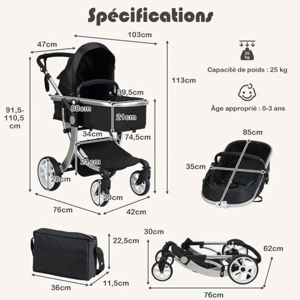 Poussette Haute pour Bébé 2 en 1 Inclinable Réversible Auvent Réglable Couvre-pieds Housse de Pluie Filet Fonctionnel Cadre en Alliage D'aluminium Gris
