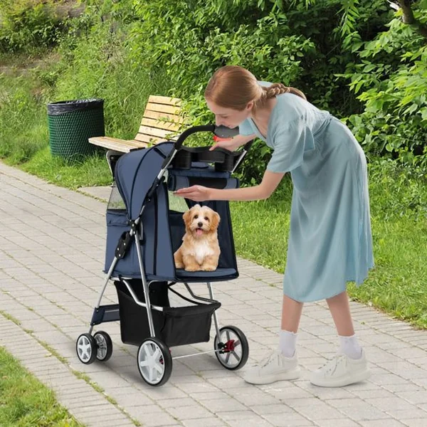 Poussette Pliable pour Chien et Chat à 4 Roues Charge 15KG Panier de Rangement Fenêtre en Maille 6 Couleurs au Choix