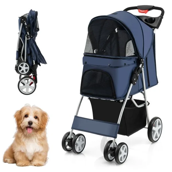 Poussette Pliable pour Chien et Chat à 4 Roues Charge 15KG Panier de Rangement Fenêtre en Maille 6 Couleurs au Choix