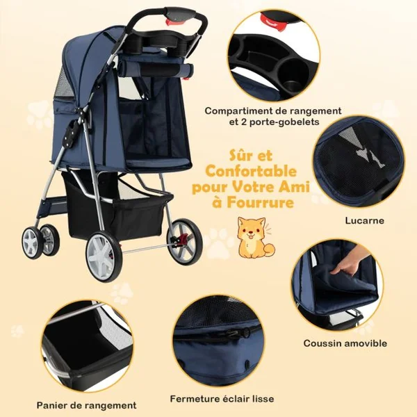 Poussette Pliable pour Chien et Chat à 4 Roues Charge 15KG Panier de Rangement Fenêtre en Maille 6 Couleurs au Choix