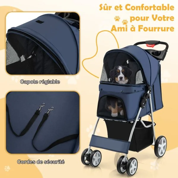 Poussette Pliable pour Chien et Chat à 4 Roues Charge 15KG Panier de Rangement Fenêtre en Maille 6 Couleurs au Choix