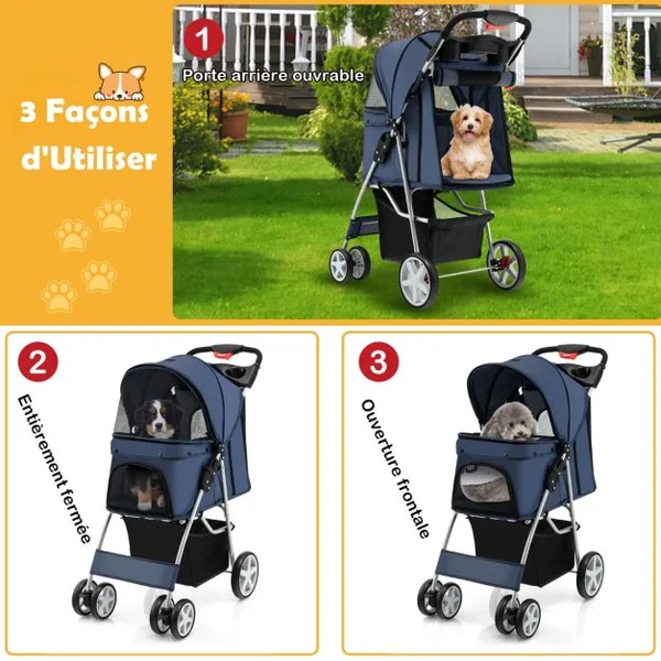 Poussette Pliable pour Chien et Chat à 4 Roues Charge 15KG Panier de Rangement Fenêtre en Maille 6 Couleurs au Choix