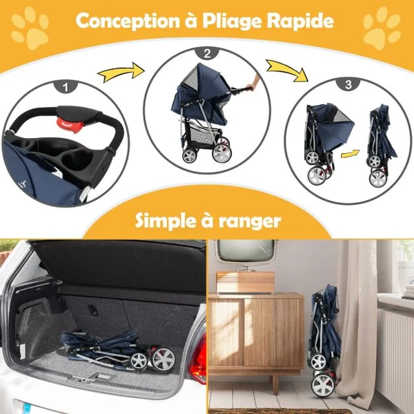 Poussette Pliable pour Chien et Chat à 4 Roues Charge 15KG Panier de Rangement Fenêtre en Maille 6 Couleurs au Choix