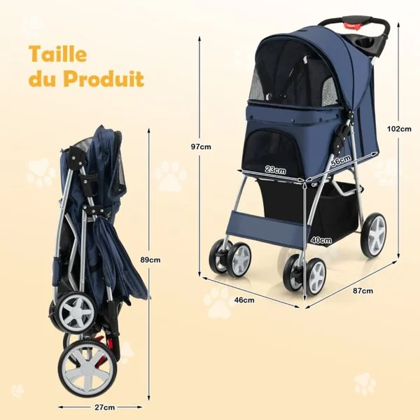 Poussette Pliable pour Chien et Chat à 4 Roues Charge 15KG Panier de Rangement Fenêtre en Maille 6 Couleurs au Choix