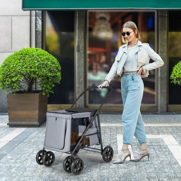 Poussette Pliante pour Chien de Petite et Moyenne Taille Chariot de Voyage Portable avec Maille Respirante Lucarne Poches de Rangement Bleu/Gris