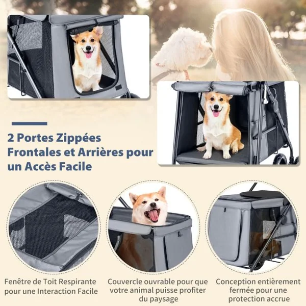 Poussette Pliante pour Chien de Petite et Moyenne Taille Chariot de Voyage Portable avec Maille Respirante Lucarne Poches de Rangement Bleu/Gris