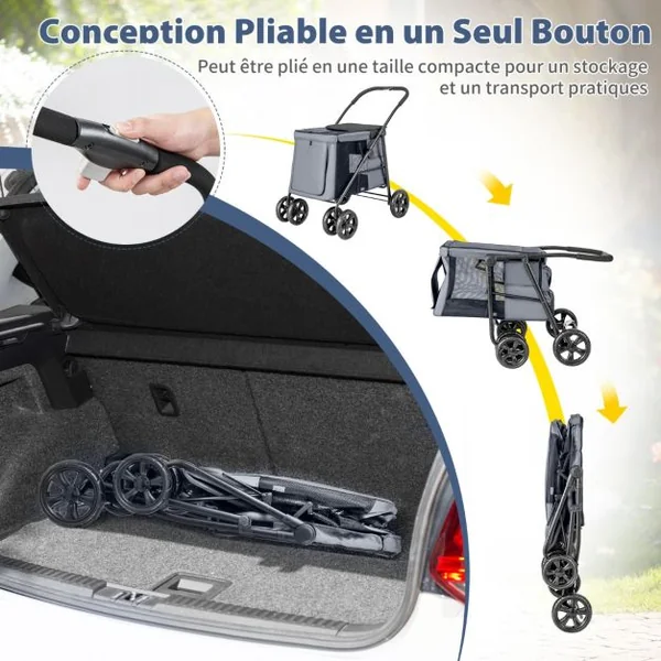 Poussette Pliante pour Chien de Petite et Moyenne Taille Chariot de Voyage Portable avec Maille Respirante Lucarne Poches de Rangement Bleu/Gris