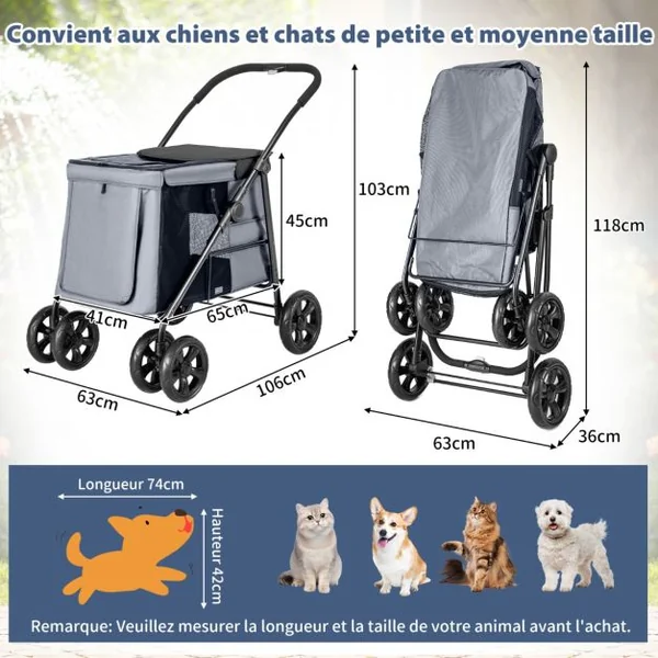 Poussette Pliante pour Chien de Petite et Moyenne Taille Chariot de Voyage Portable avec Maille Respirante Lucarne Poches de Rangement Bleu/Gris