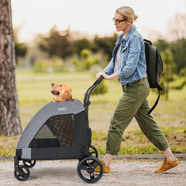 Poussette pour Chiens de Taille Moyenne et Grande 4 Roues Pliables avec Porte d'Entrée 67 x 98 x 88 cm Charge 60 Kg Gris