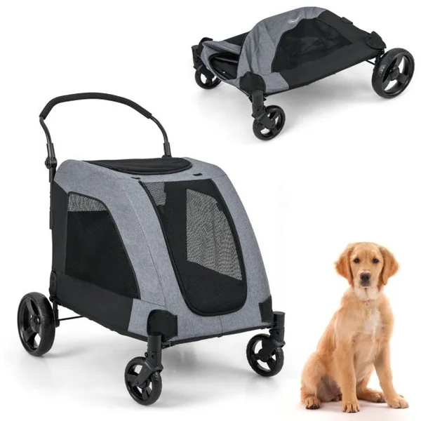 Poussette pour Chiens de Taille Moyenne et Grande 4 Roues Pliables avec Porte d'Entrée 67 x 98 x 88 cm Charge 60 Kg Gris