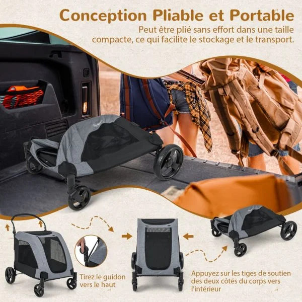 Poussette pour Chiens de Taille Moyenne et Grande 4 Roues Pliables avec Porte d'Entrée 67 x 98 x 88 cm Charge 60 Kg Gris
