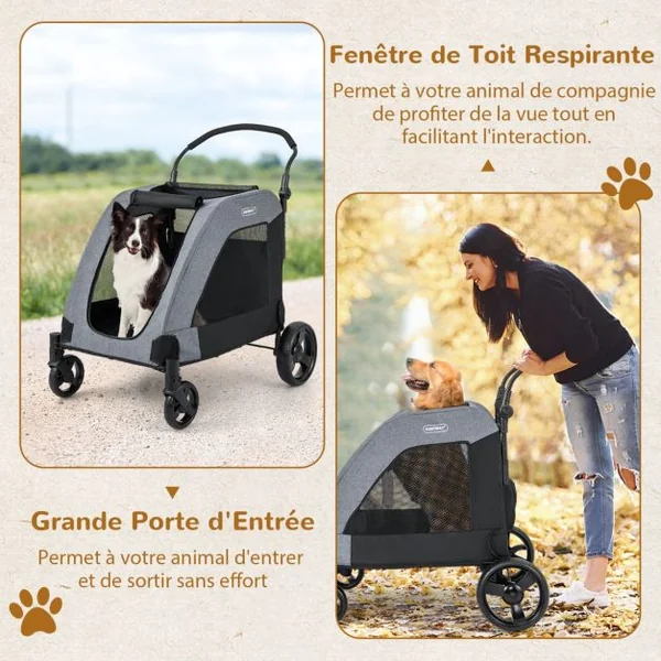 Poussette pour Chiens de Taille Moyenne et Grande 4 Roues Pliables avec Porte d'Entrée 67 x 98 x 88 cm Charge 60 Kg Gris