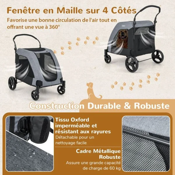 Poussette pour Chiens de Taille Moyenne et Grande 4 Roues Pliables avec Porte d'Entrée 67 x 98 x 88 cm Charge 60 Kg Gris