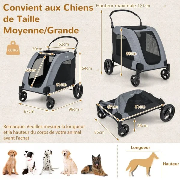Poussette pour Chiens de Taille Moyenne et Grande 4 Roues Pliables avec Porte d'Entrée 67 x 98 x 88 cm Charge 60 Kg Gris