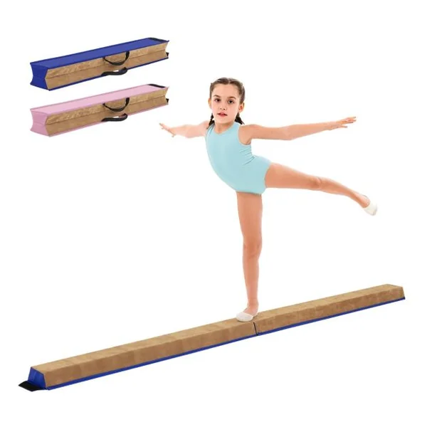 Poutre de Gymnastique Pliable de 240 cm Barre de Gymnastique Au Sol Portable avec Couverture en Suède et Mousse Douce Bleu/Rose