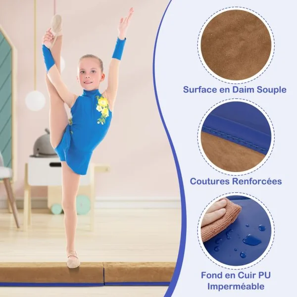 Poutre de Gymnastique Pliable de 240 cm Barre de Gymnastique Au Sol Portable avec Couverture en Suède et Mousse Douce Bleu/Rose