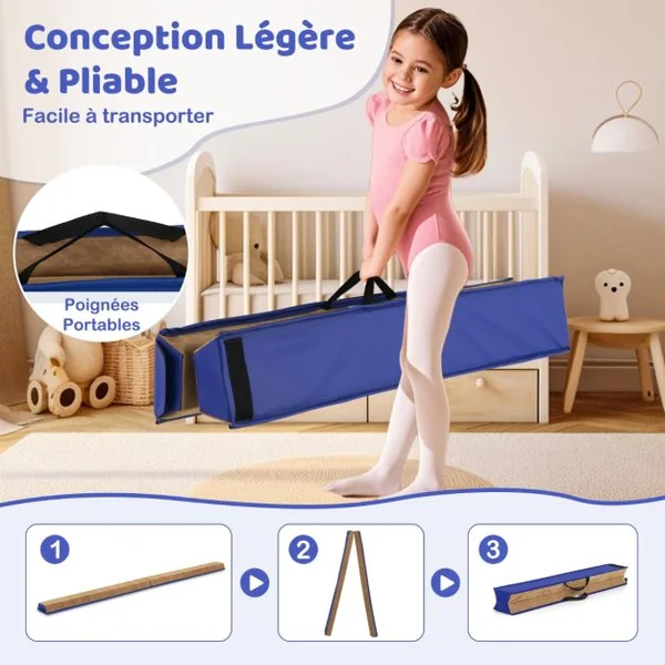 Poutre de Gymnastique Pliable de 240 cm Barre de Gymnastique Au Sol Portable avec Couverture en Suède et Mousse Douce Bleu/Rose