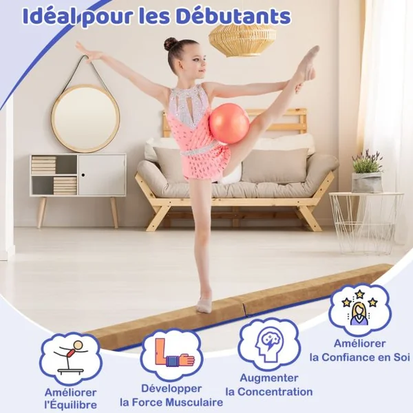 Poutre de Gymnastique Pliable de 240 cm Barre de Gymnastique Au Sol Portable avec Couverture en Suède et Mousse Douce Bleu/Rose