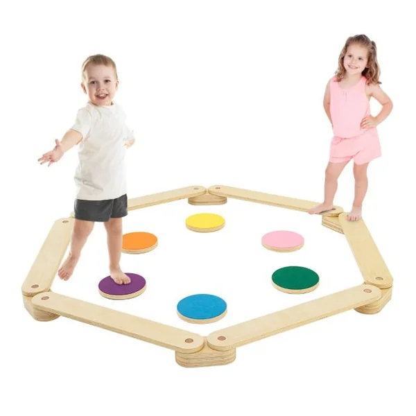 Poutre d'Equilibre en Bois Enfants avec Pierre de Marche Parcours d'Obstacles de Gymnastique pour Enfants de 3-7 Ans