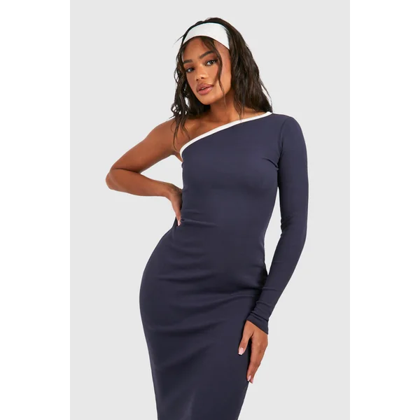 Premium Contrast Rib One Shoulder Maxi Dress