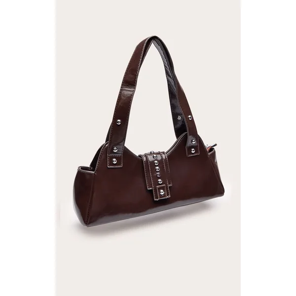 Prune Chocolat Sac À Bandoulière Dôme Clouté En Synthétiquecuir Froissé