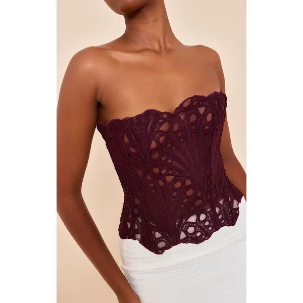 Prune Foncé Corset En Dentelle Florale Transparente Texturée