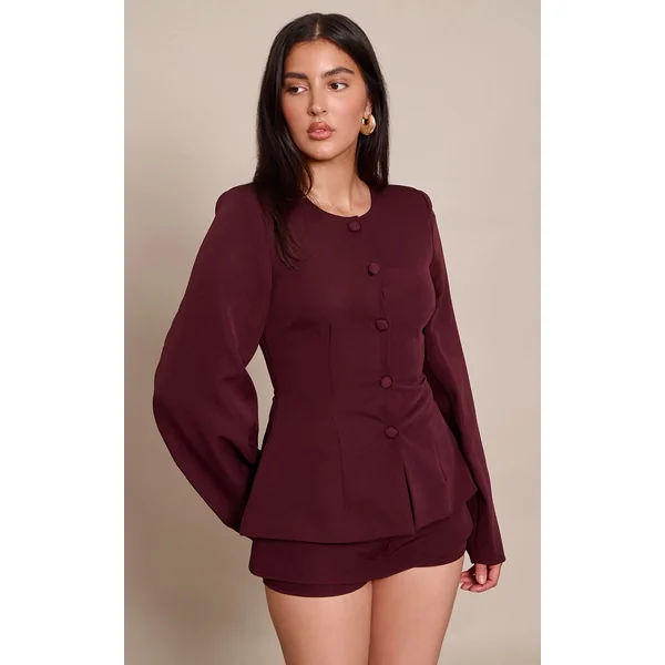 Prune Foncé Ensemble Blazer Cintré À Taille Froncée Et Manches Cocon Avec Boutonnage