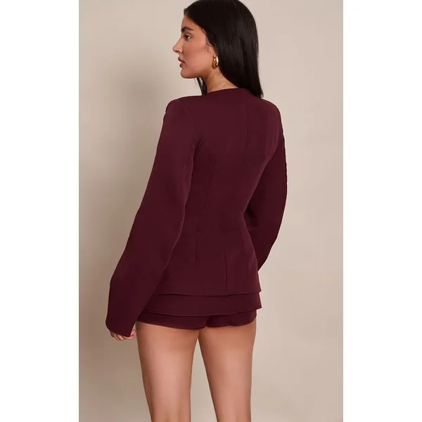 Prune Foncé Ensemble Blazer Cintré À Taille Froncée Et Manches Cocon Avec Boutonnage