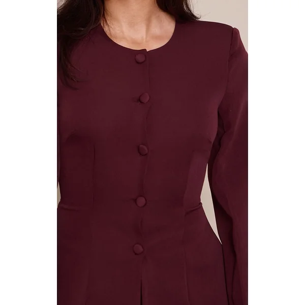 Prune Foncé Ensemble Blazer Cintré À Taille Froncée Et Manches Cocon Avec Boutonnage