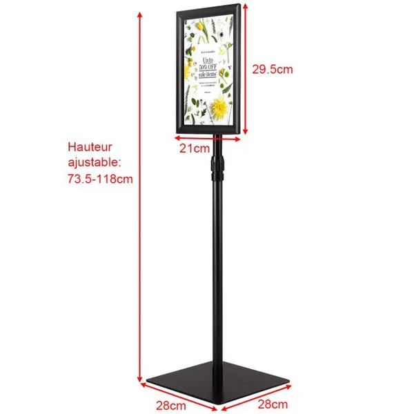 Présentoir d'Affichage Menu A4 avec Pied Panneau d'Affichage Hauteur Réglable Acier Inoxydable Base dia.28 cm Argent/Noir