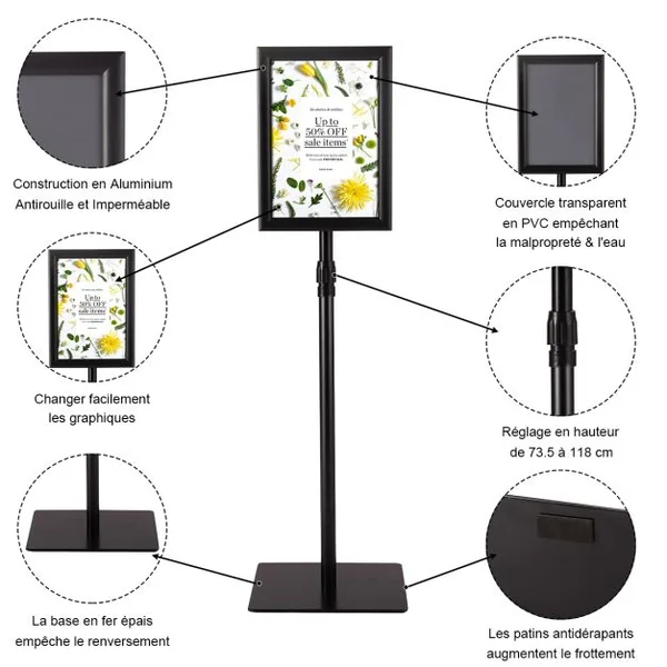Présentoir d'Affichage Menu A4 avec Pied Panneau d'Affichage Hauteur Réglable Acier Inoxydable Base dia.28 cm Argent/Noir