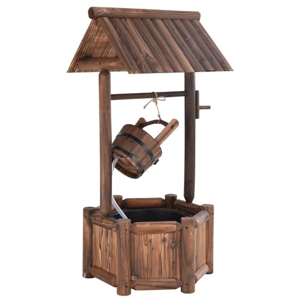 Puits en Bois Extérieur Fontaine de Jardin 60x57x115 cm avec Pompe Electrique Débit 300 L/h Tuyau Transparent Seau Suspendu