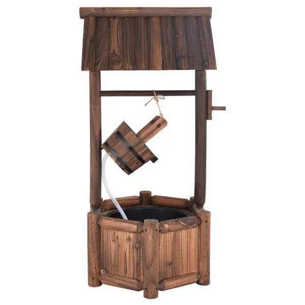 Puits en Bois Extérieur Fontaine de Jardin 60x57x115 cm avec Pompe Electrique Débit 300 L/h Tuyau Transparent Seau Suspendu