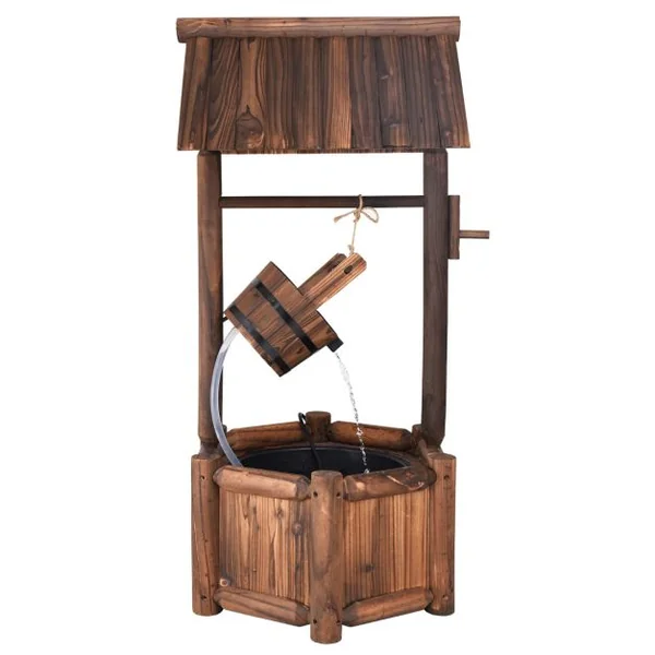 Puits en Bois Extérieur Fontaine de Jardin 60x57x115 cm avec Pompe Electrique Débit 300 L/h Tuyau Transparent Seau Suspendu