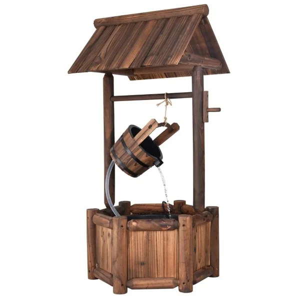 Puits en Bois Extérieur Fontaine de Jardin 60x57x115 cm avec Pompe Electrique Débit 300 L/h Tuyau Transparent Seau Suspendu