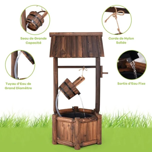 Puits en Bois Extérieur Fontaine de Jardin 60x57x115 cm avec Pompe Electrique Débit 300 L/h Tuyau Transparent Seau Suspendu