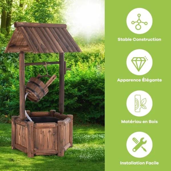 Puits en Bois Extérieur Fontaine de Jardin 60x57x115 cm avec Pompe Electrique Débit 300 L/h Tuyau Transparent Seau Suspendu