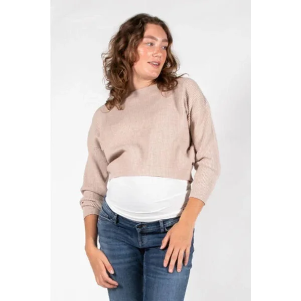 Pull cropped de grossesse couleur sable – maille douce & cosy