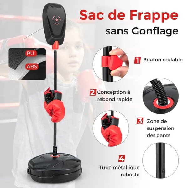Punching Ball Enfants sur Pied Réglable en Hauteur 95-126 cm Sac de Frappe Boxe avec Gants et Base Remplissable Rebond Rapide pour 5 Ans+