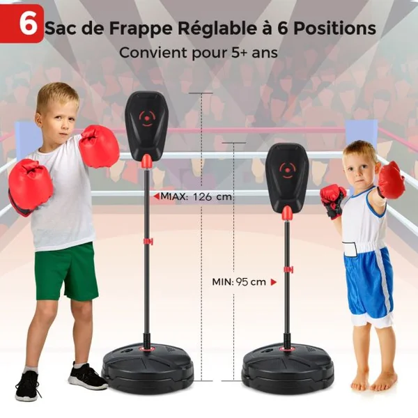 Punching Ball Enfants sur Pied Réglable en Hauteur 95-126 cm Sac de Frappe Boxe avec Gants et Base Remplissable Rebond Rapide pour 5 Ans+