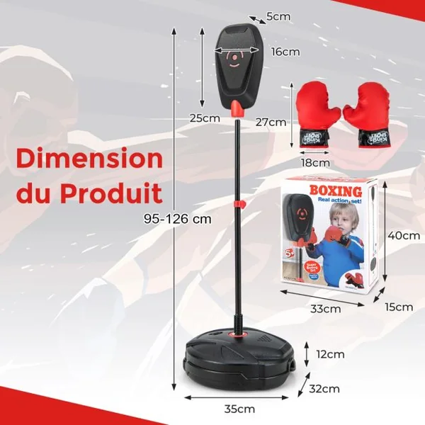 Punching Ball Enfants sur Pied Réglable en Hauteur 95-126 cm Sac de Frappe Boxe avec Gants et Base Remplissable Rebond Rapide pour 5 Ans+