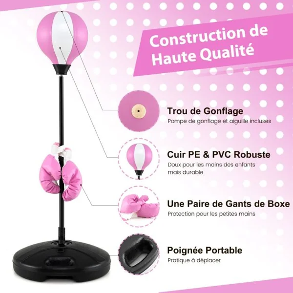 Punching Ball sur Pied pour Enfant pour Enfants gés de 5 Ans Réglable en Hauteur 81-125CM Rose