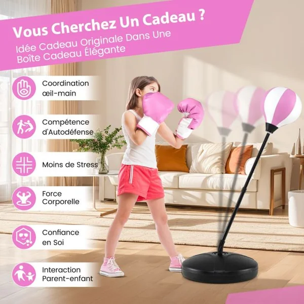 Punching Ball sur Pied pour Enfant pour Enfants gés de 5 Ans Réglable en Hauteur 81-125CM Rose