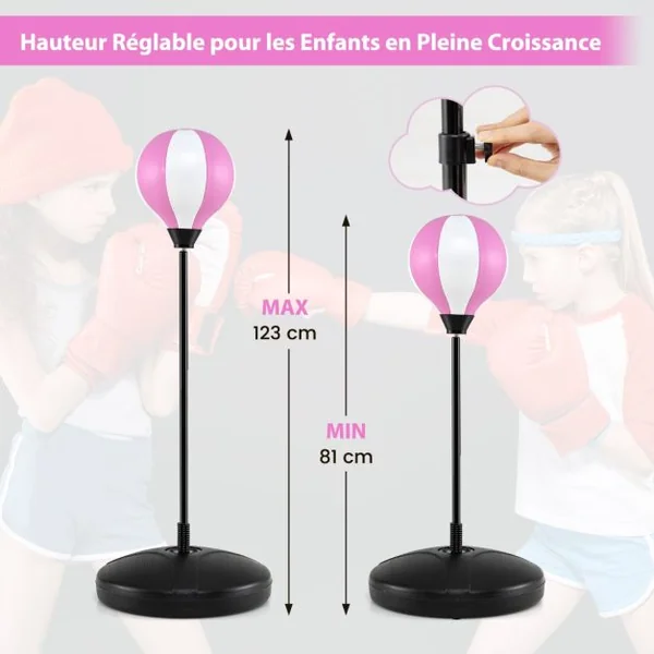 Punching Ball sur Pied pour Enfant pour Enfants gés de 5 Ans Réglable en Hauteur 81-125CM Rose