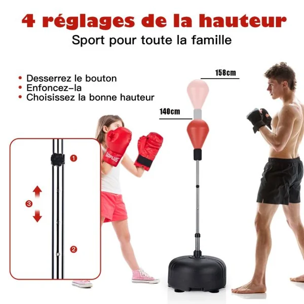 Punching Ball sur Pied Réglable en Hauteur 140-158 cm avec Gants Base Lesté avec Ventouses pour Enfants/Adultes Noir/Rouge