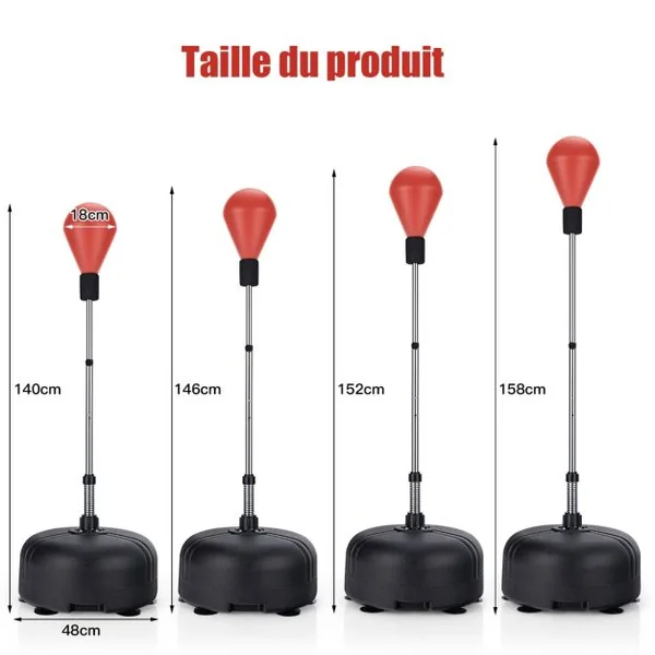 Punching Ball sur Pied Réglable en Hauteur 140-158 cm avec Gants Base Lesté avec Ventouses pour Enfants/Adultes Noir/Rouge