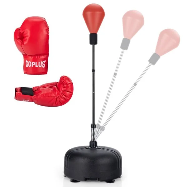 Punching Ball sur Pied Réglable en Hauteur 140-158 cm avec Gants Base Lesté avec Ventouses pour Enfants/Adultes Noir/Rouge