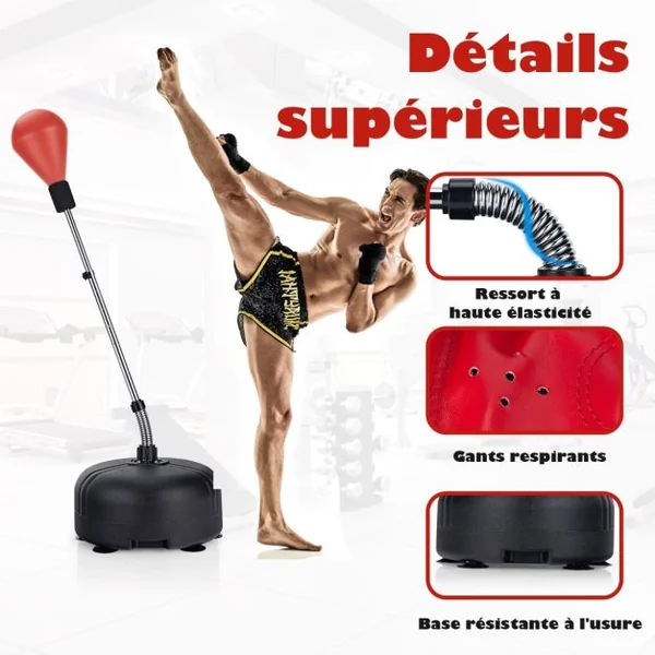 Punching Ball sur Pied Réglable en Hauteur 140-158 cm avec Gants Base Lesté avec Ventouses pour Enfants/Adultes Noir/Rouge